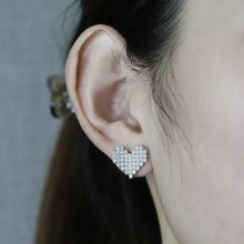 Pixelated 925 sterling silver heart stud earrings with zircon rhinestones