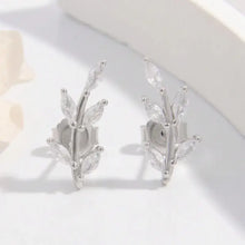 Pair of 925 sterling silver zircon leaf stud earrings with marquise-cut stones