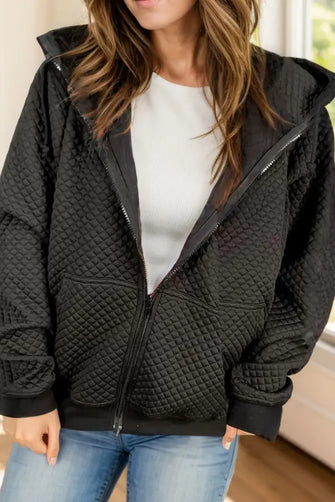 Drawstring Zip Up Long Sleeve Hooded Jacket Black Woman Outerwear