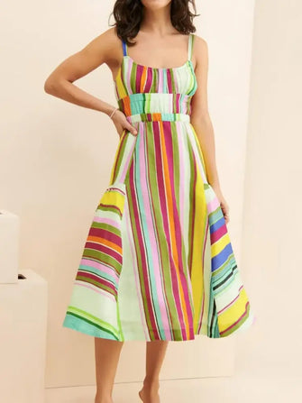Colorful Striped Spaghetti Strap Midi Dress Yellow Woman Casual Dress
