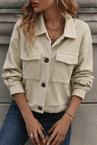 Pocketed Collared Neck Button Up Jacket Tan Woman Outerwear