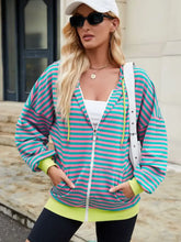 Drawstring Striped Zip Up Long Sleeve Hoodie Woman Sweatshirts