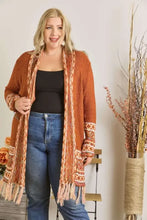 Rust long Aztec border cardigan with fringe hem for women