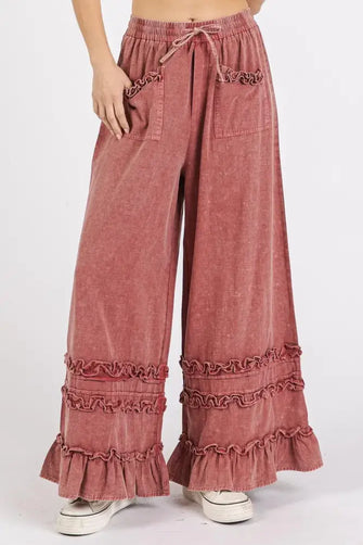 Mittoshop Ruffle Trim Pocket Mineral Wash Wide Leg Pants Burnt Coral Woman Pants