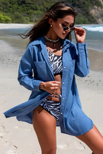 Button-Up Longline Shirt with Breast Pockets Sky Blue Swimwear Cover-Ups