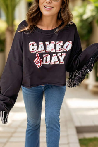 GAME DAY Fringe Long Sleeve Sweatshirt Black