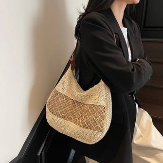 Woven Straw Crescent Shoulder Bag Beige onesize