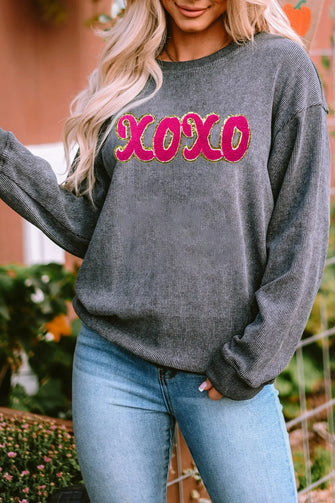 XOXO Sequin Round Neck Dropped Shoulder Sweatshirt Dark Gray