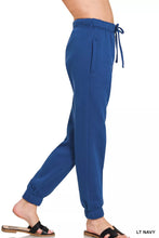 Light navy fleece drawstring joggers by zenana with elastic cuffs and pockets for comfortable casual wear