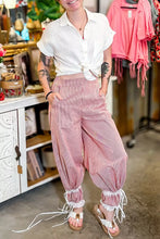 Pink striped corduroy harem pants with stripe contrast lace trim and ribbon tie drawstring cuffs in wide leg style