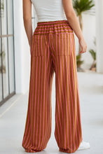 Wide leg stripe button pocket tie pants in coral and rust with elastic waistband for casual wear