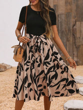 Printed Round Neck Short Sleeve Midi Dress Camel