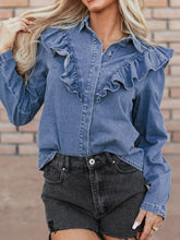 Ruffled Collared Neck Long Sleeve Denim Top Medium