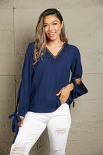 Perfee V-Neck Tie Cuff Slit Blouse Dark Blue Woman Blouses