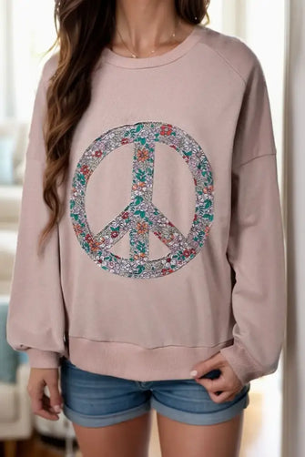 Peace Sign Applique Long Sleeve Sweatshirt Pale Blush Woman Sweatshirts