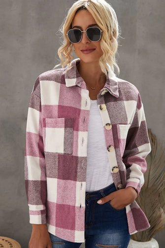 Plaid Button Up Dropped Shoulder Jacket Dusty Pink