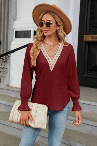 V-Neck Flounce Sleeve Blouse Burgundy Woman Blouses