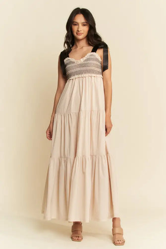 Davi & Dani Multi Contrast Smocked Bodice Straps Maxi Dress BEIGE Casual Dresses