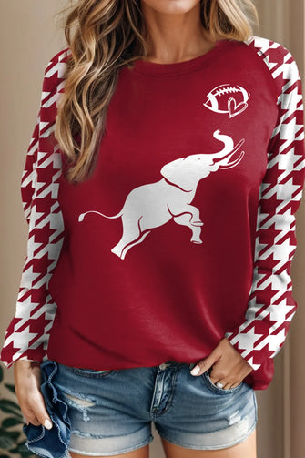 Houndstooth Elephant Graphic Round Neck T-Shirt Deep Red