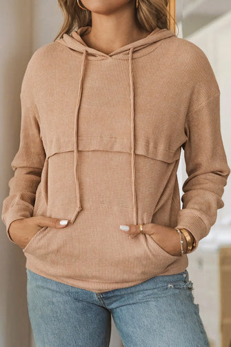 Waffle-Knit Drawstring Kangaroo Pocket Hoodie Khaki
