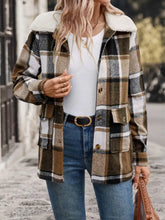 Perfee Pocketed Plaid Button Up Collared Neck Jacket Woman Outerwear