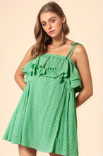 Davi & Dani Textured Jacquard Checker Fabric Ruffled Dress Ibiza Green Casual Dresses