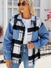 Pocketed Plaid Snap Down Denim Jacket Dusty Blue Woman Outerwear