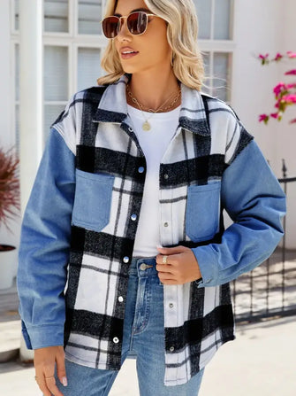 Pocketed Plaid Snap Down Denim Jacket Dusty Blue Woman Outerwear