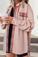 Waffle Knit Plaid Patchwork Drawstring Hooded Shacket Blush Pink