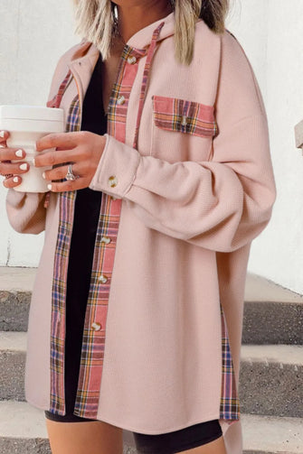 Waffle Knit Plaid Patchwork Drawstring Hooded Shacket Blush Pink