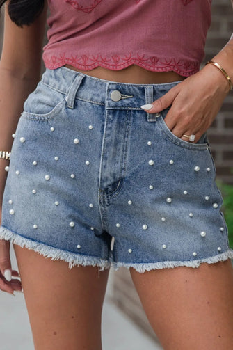 Pearl Beaded Raw Hem Wash Denim Shorts Medium