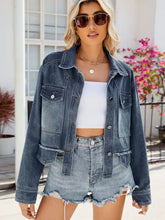 Button Up Long Sleeve Denim Jacket with Pockets Navy Casual Dresses