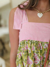 Printed Square Neck Tie Shoulder Mini Dress