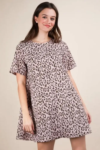 VERY J Leopard Printed Comfy Mini Dress Blush Casual Dresses