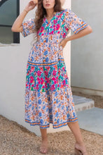Mixed Floral Print Tie Neck Short Sleeve Dress Casual Dresses