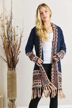 Navy blue Aztec border cardigan with fringe hem and patterned sleeves