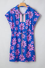 Floral Print Zip Collar Drawstring Summer Mini Dress