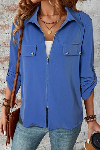 Pocketed Zip Up Collared Neck Long Sleeve Jacket Dusty Blue