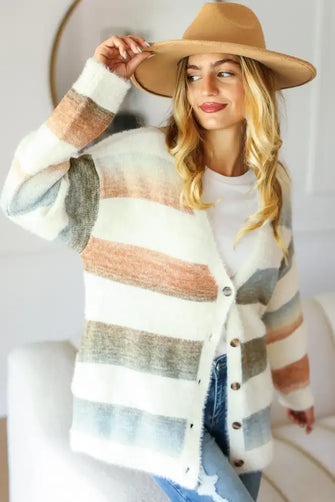 Haptics Full Size Button Down Stripe Soft Fuzzy Sweater Cardigan Ivory Rust Olive Casual Dresses