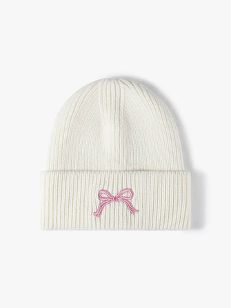 Embroidered Bow Knit Hat White One Size