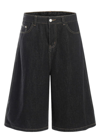 Men's Wide Leg Wash Denim Shorts Black