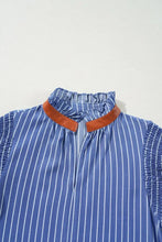 Stripe Frilly Split Neck Shirred Ruffle Sleeve Short Shift Dress Casual Dresses