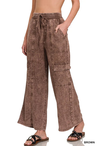 Zenana Washed Linen Elastic Band Waist Cargo Pants BROWN