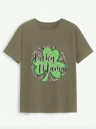 LUCKY MAMA Round Neck T-Shirt Army Green