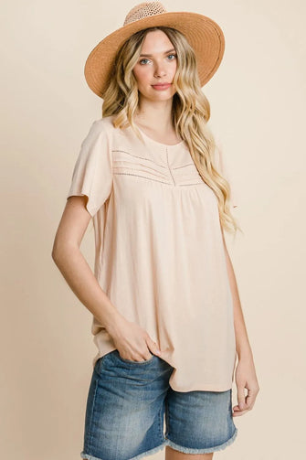 Cotton Bleu by Nu Label Eyelet Round Neck Short Sleeve T-Shirt Peach
