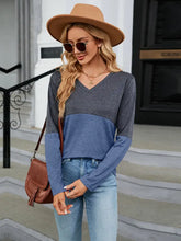 V-Neck Long Sleeve Two-Tone T-Shirt Woman T Shirts
