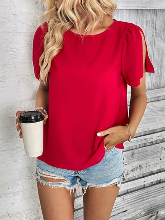 Perfee Round Neck Slit Short Sleeve Top Red