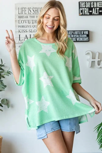 HOPELY Star Pattern Oversized Waffle T-Shirt Light Green Woman T Shirts
