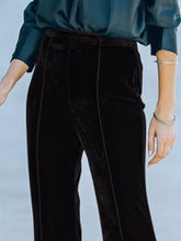 Black velvet high-waisted velvet pants with a sleek straight-leg cut perfect for elegant occasions