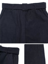 Black corduroy high-waisted wide leg trousers with matching elasticated belt machine wash tumble dry safe